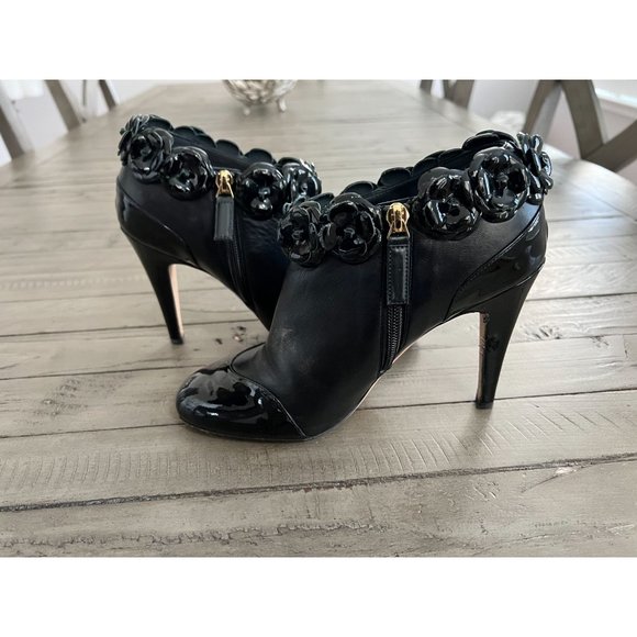 CHANEL Camellia Flowers Patent Leather Heeled Ankle Booties Black Size 38C - Picture 9 of 13